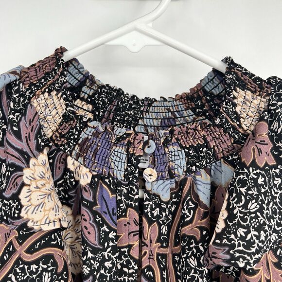 DR2 Womens S Mock Neck Dark Floral Flutter Sleeve Blouse Boho Hippie Festival - Picture 6 of 12